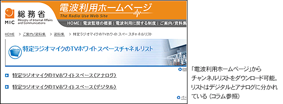 「電波利用ホームページ」からチャンネルリストをダウンロード可能。リストはデジタルとアナログに分かれている(コラム参照)